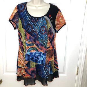Bali Colorful/Artwork Tunic with Black Ruffled Trim and Button Detail  XL